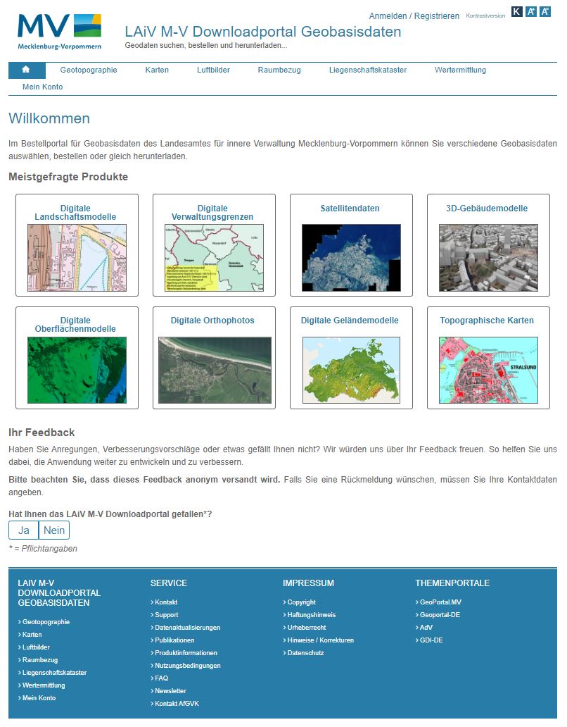 Abbildung Startseite des LAiV M-V Downloadportals für Geobasisdaten © LAiV